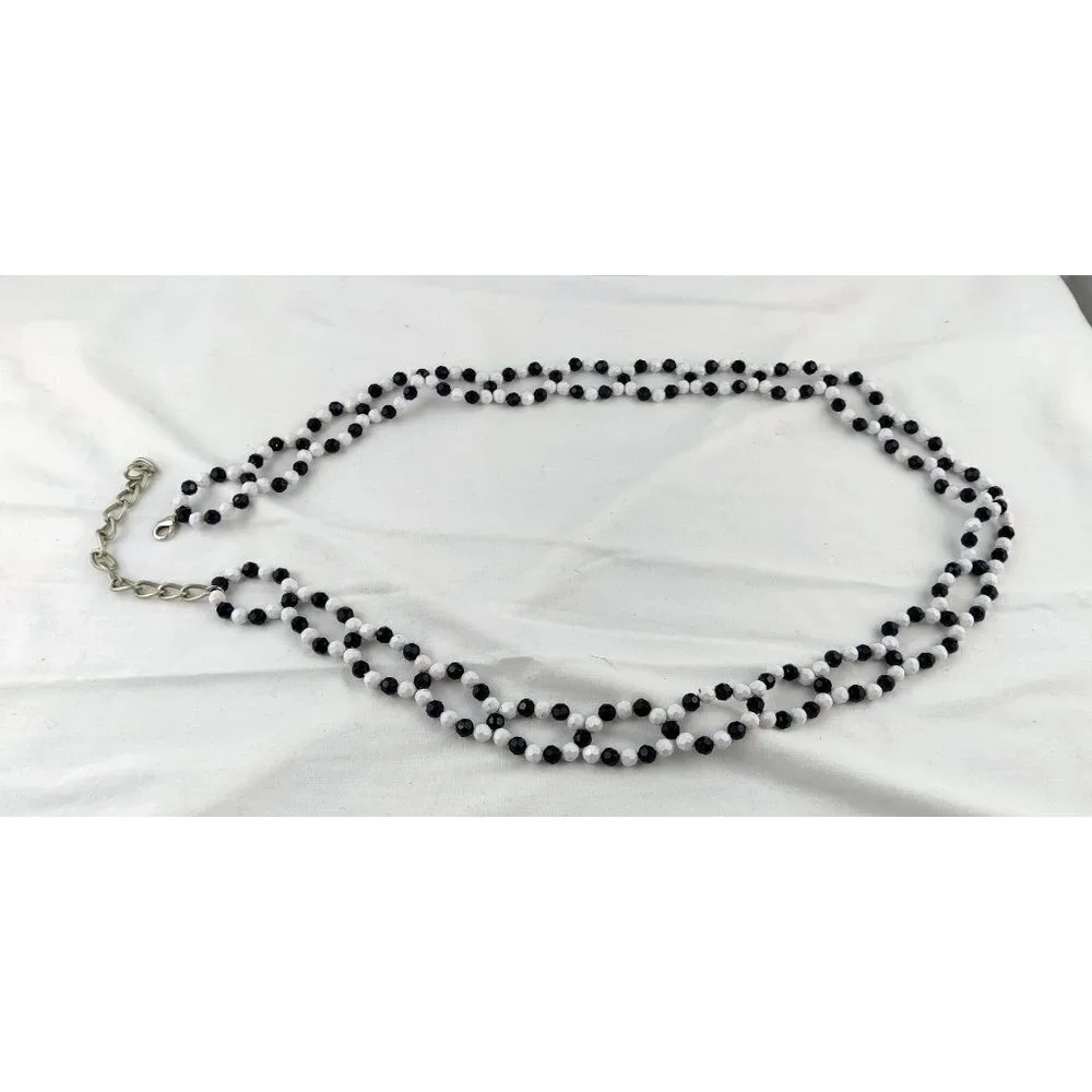 Beaded Belt Black White Beads Silver Extension Chain Boho Cottage Core Necklace